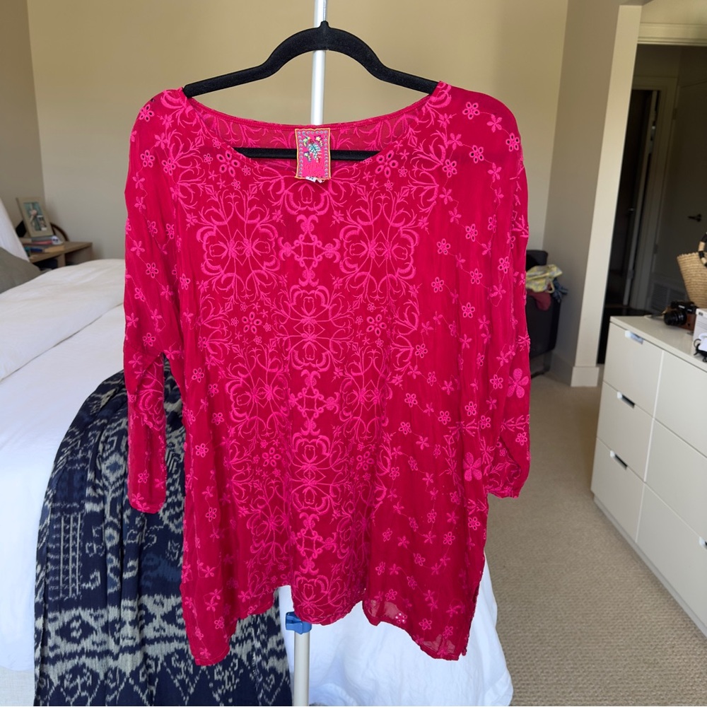 Johnny Was Jossy Embroidered Eyelet Top Style: C11917-8 Pink Size Medium